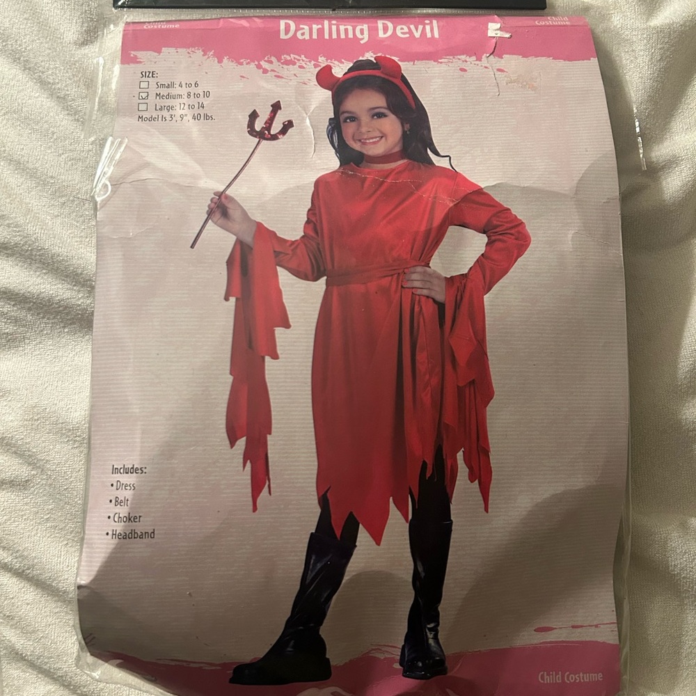 DEVIL COSTUME Darling red headband and dress kids size medium 8-10 in bag